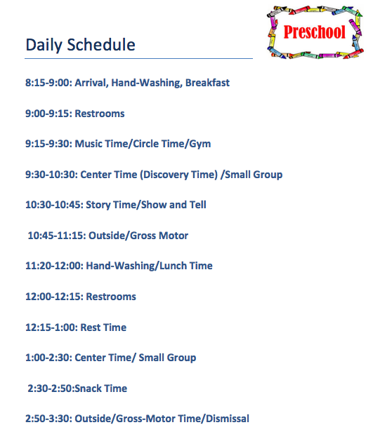 Diller Odell Preschool Daily Schedule